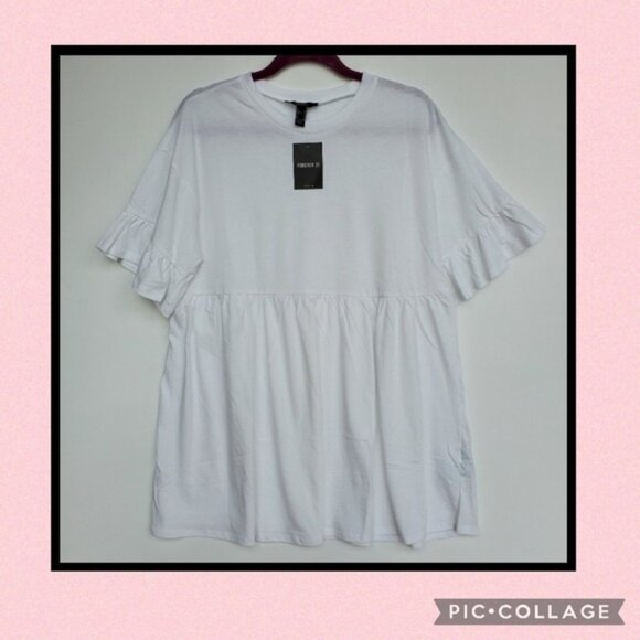 FOREVER 21 NWT Oversized Peplum White Tee Ruffle - Picture 1 of 8